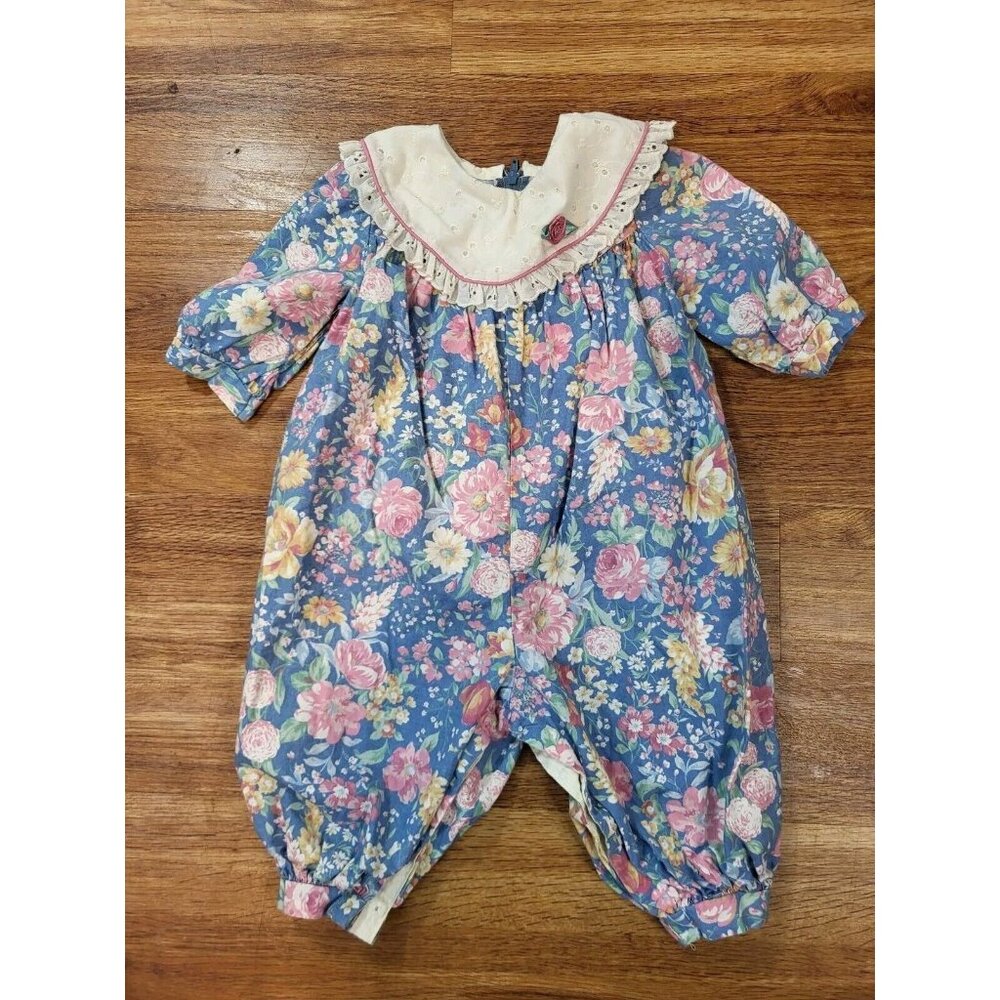 Vtge Polly Flinders Blue Floral‎ Size 9 Months Lace Bubble Leg Romper